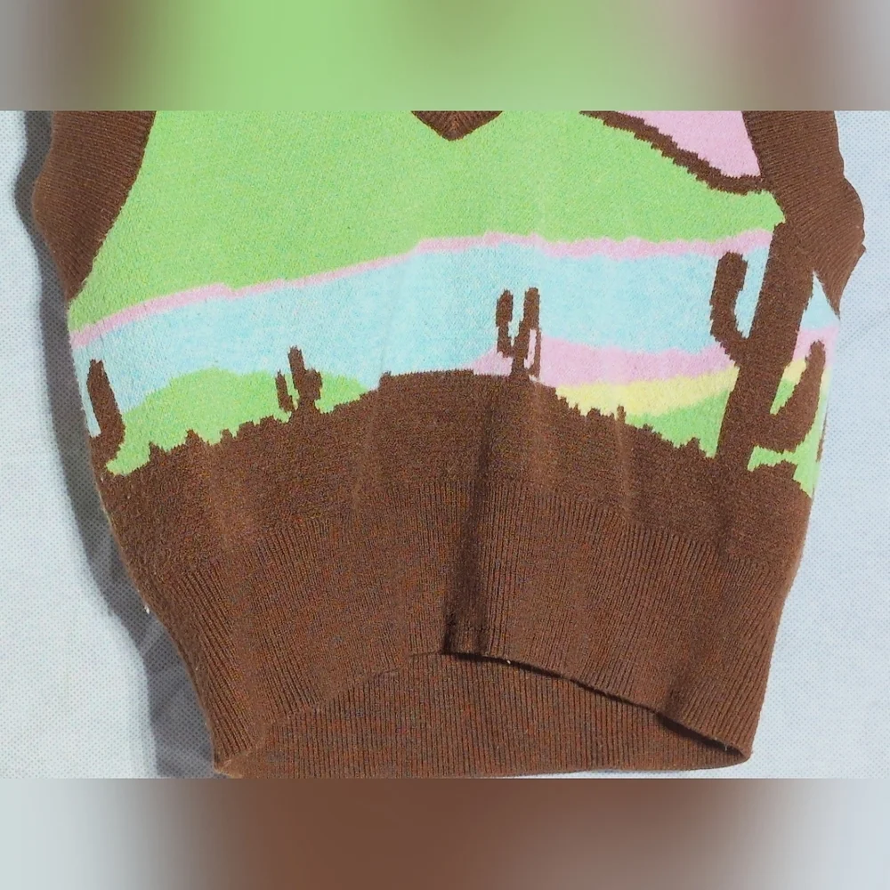 Bershka Brown Cactus Scene Sz S Multicolor Sweater Vest - Picture 3 of 7